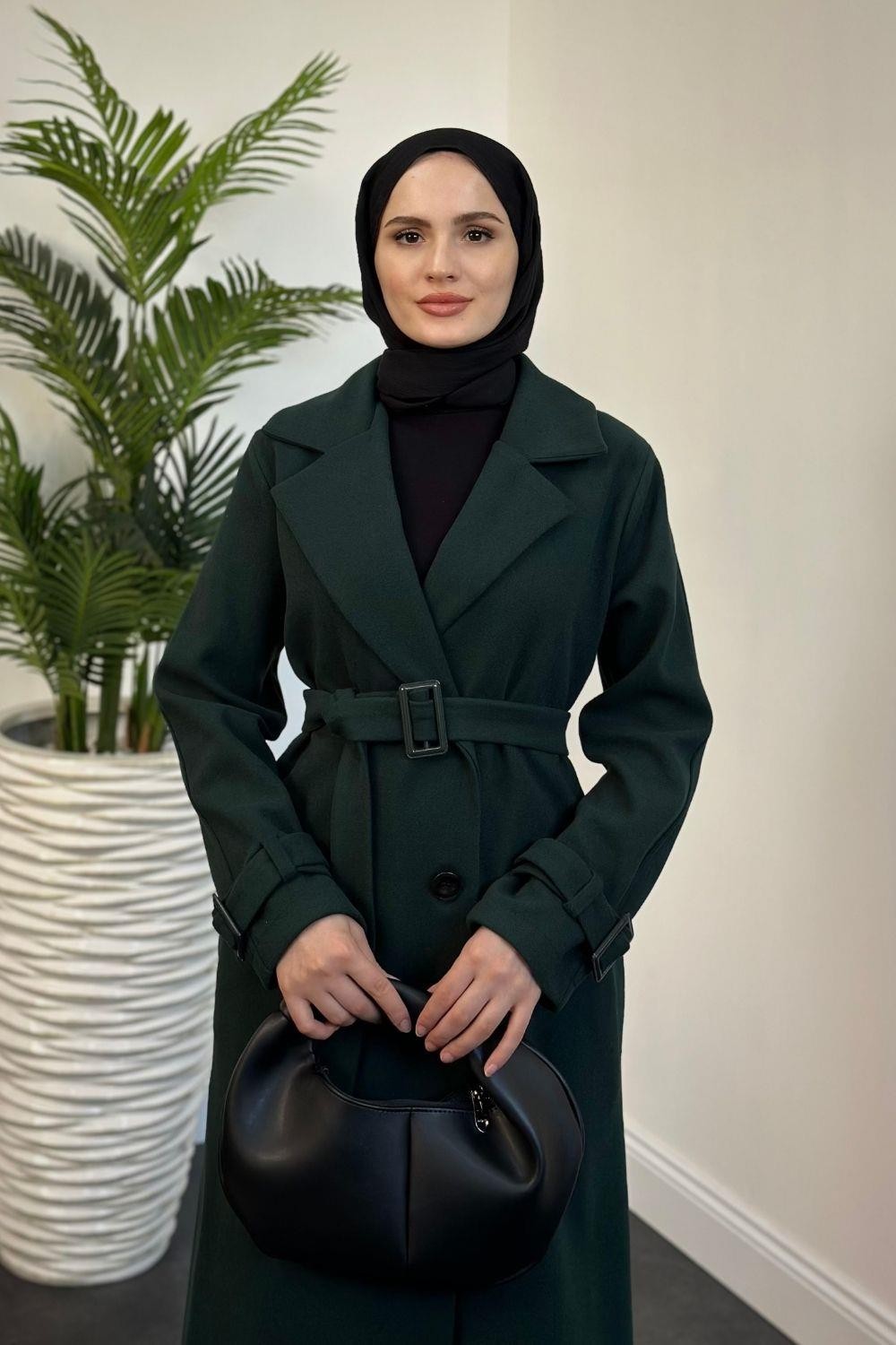 Mahika Astarlı Kemerli Kaşe Kaban Zümrüt