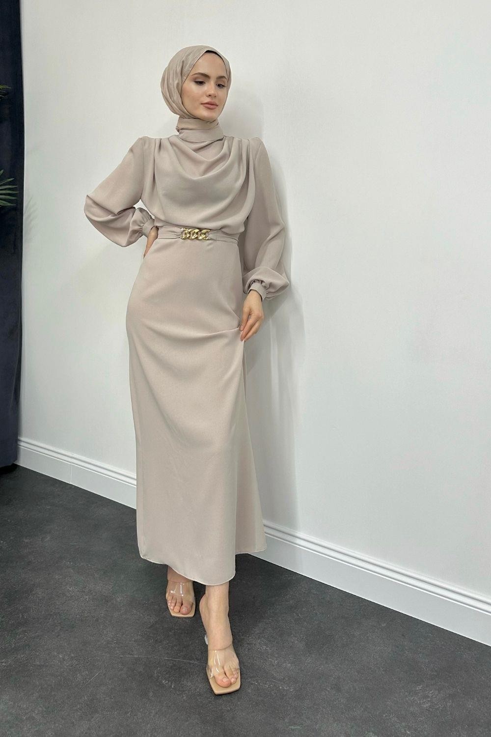Meridan Üstü Drape Krep Abiye Krem