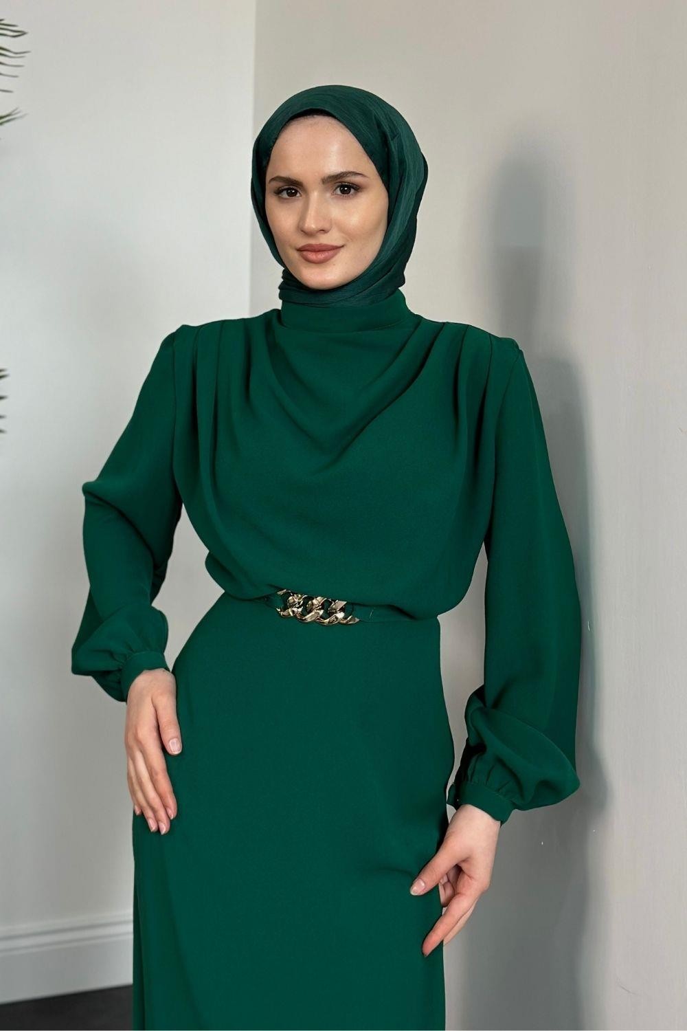 Meridan Üstü Drape Krep Abiye Yeşil