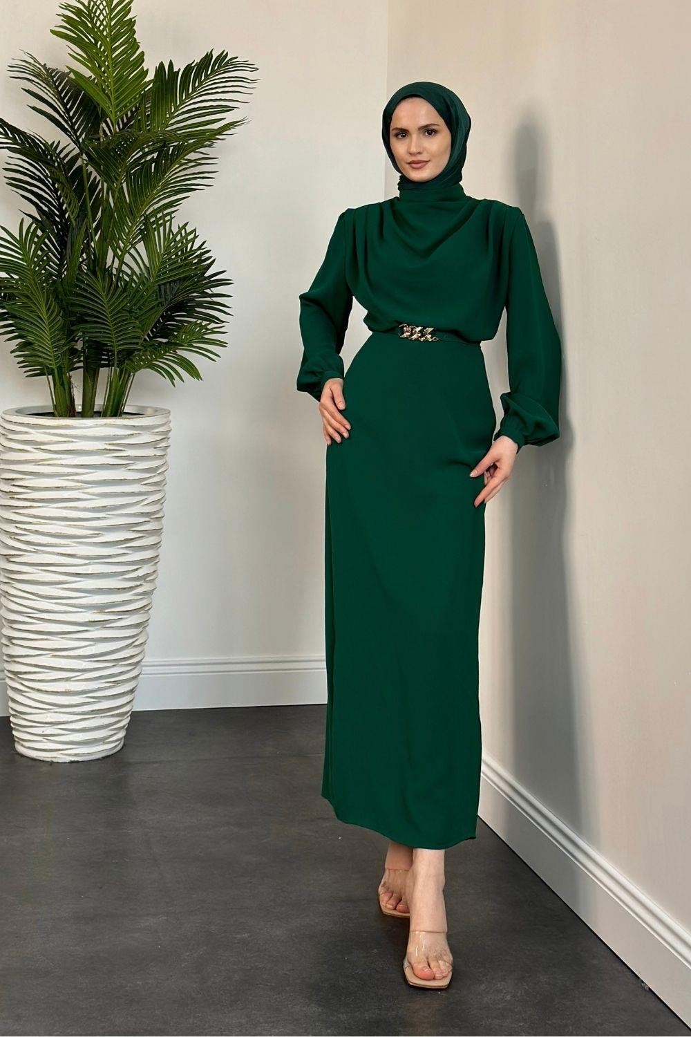 Meridan Üstü Drape Krep Abiye Yeşil