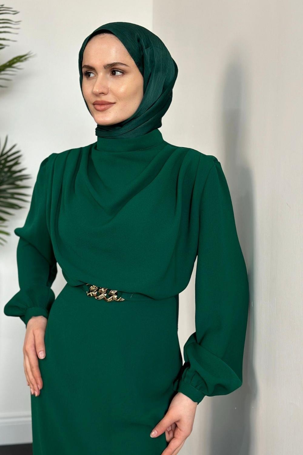 Meridan Üstü Drape Krep Abiye Yeşil