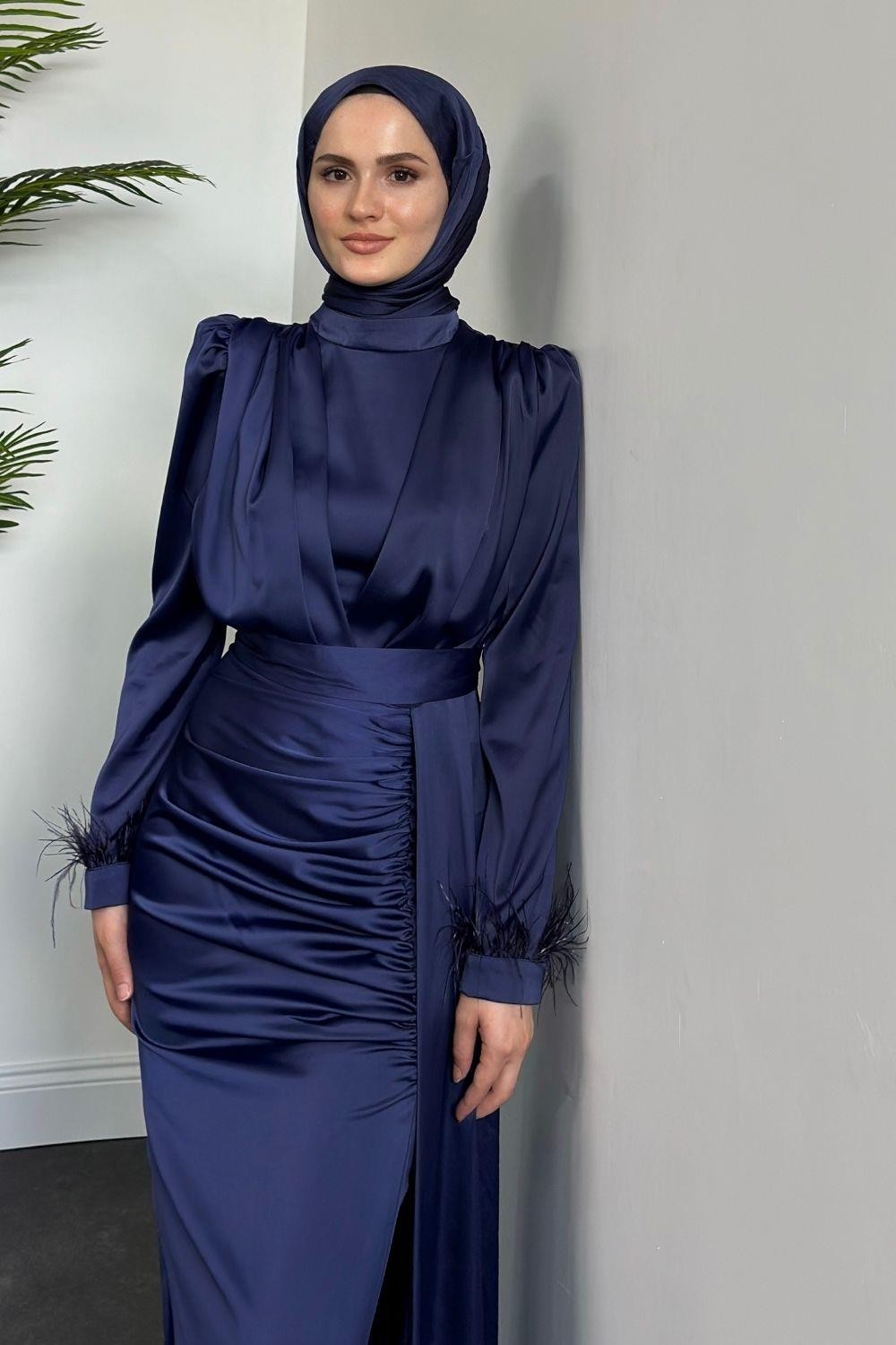 Mirabel Büzgülü Saten Abiye Lacivert
