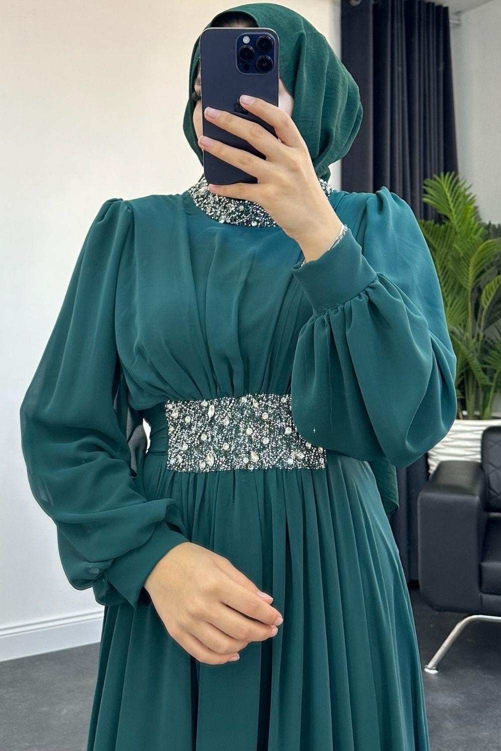 Mishe Şifon Abiye Zümrüt