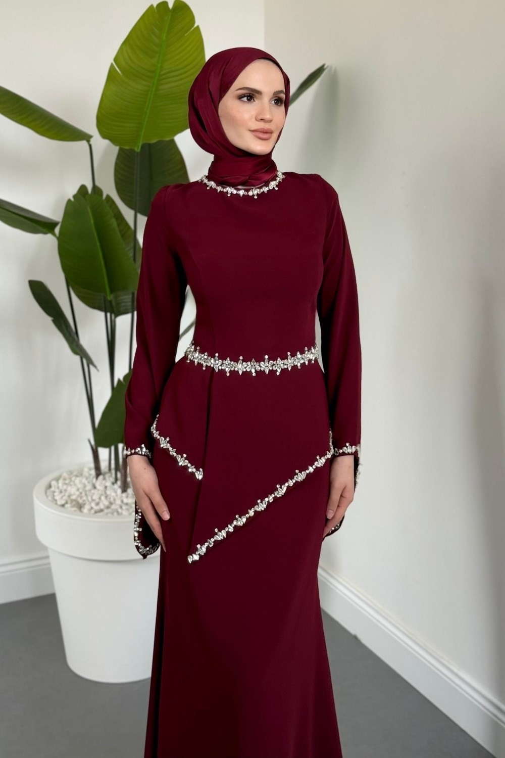 Mystera Taşlı Abiye Bordo