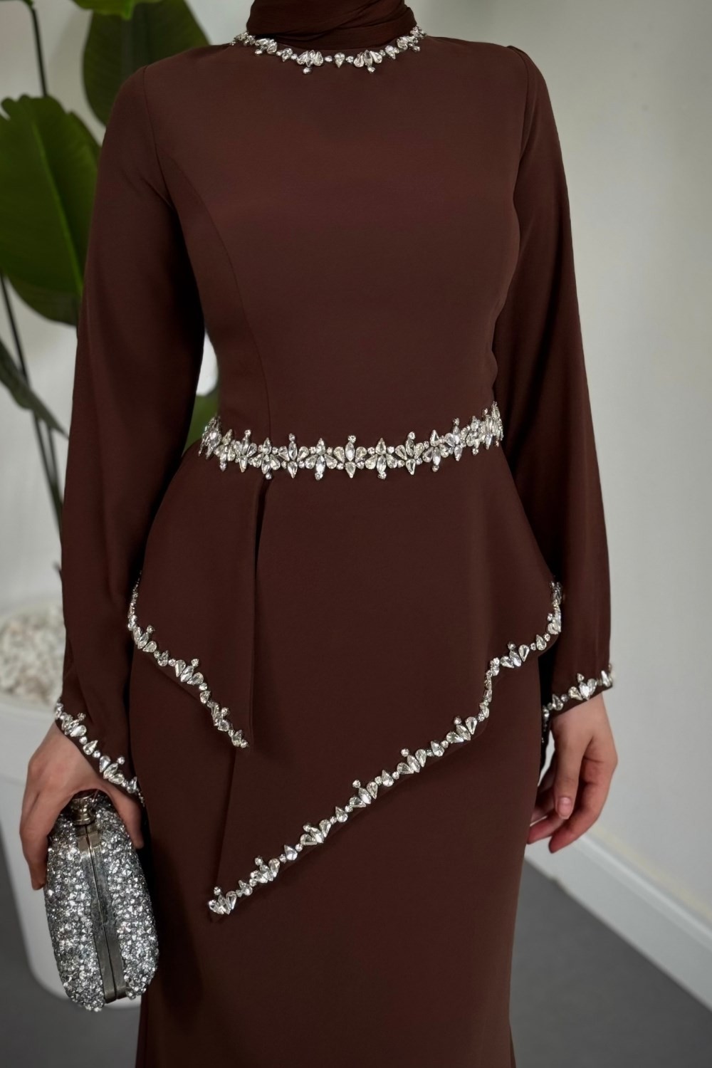 Mystera Taşlı Abiye Kahverengi