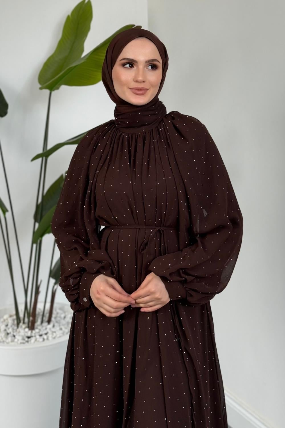 Niloufar Hakim Yaka Taşlı Şifon Abiye Kahverengi