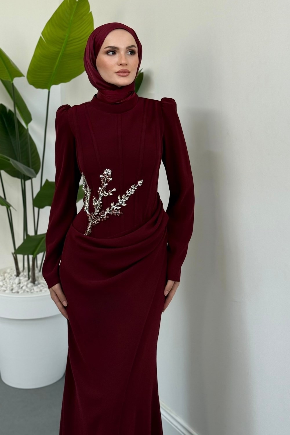 Nobella Taşlı Drapeli Abiye Bordo