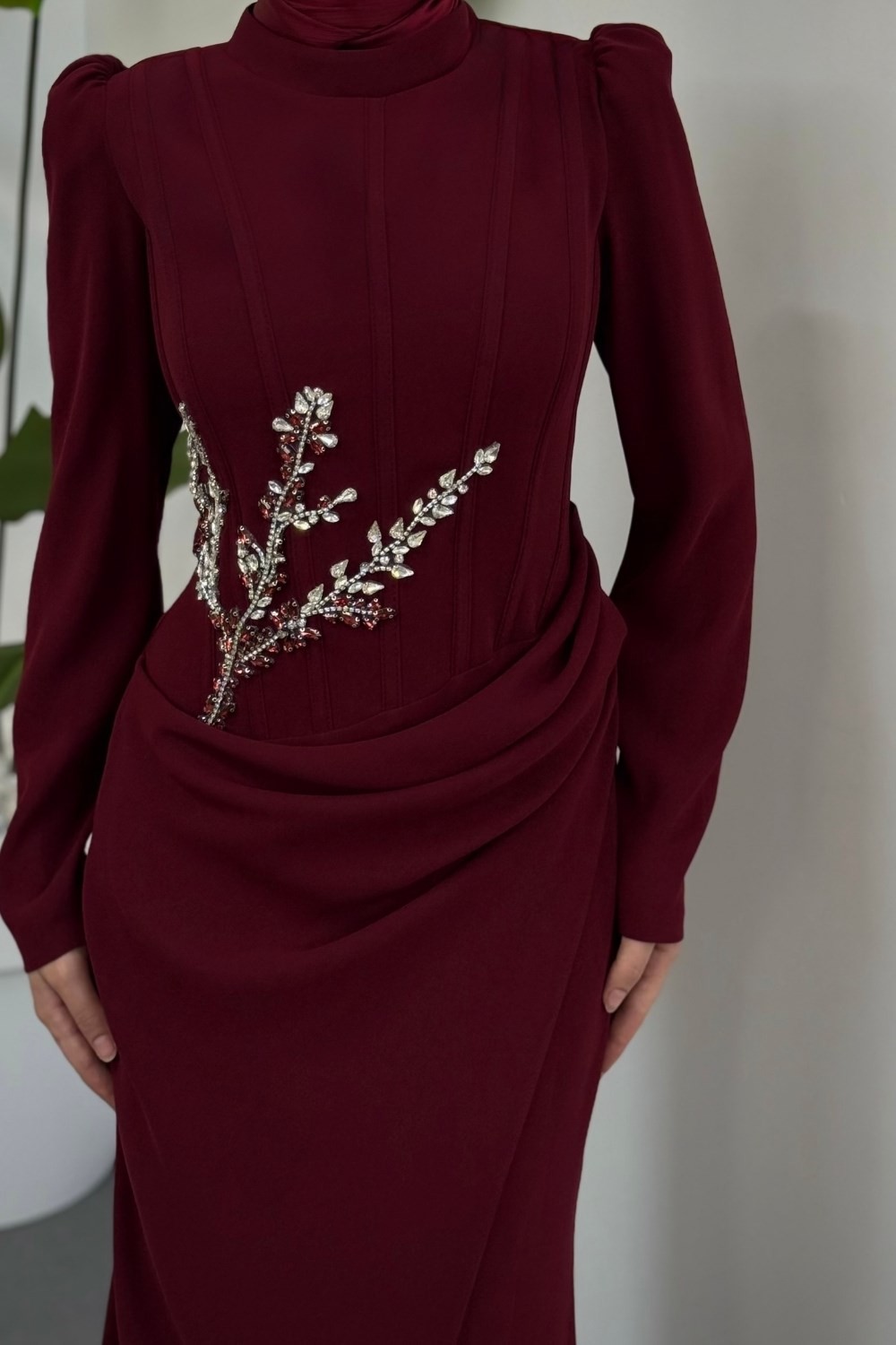 Nobella Taşlı Drapeli Abiye Bordo