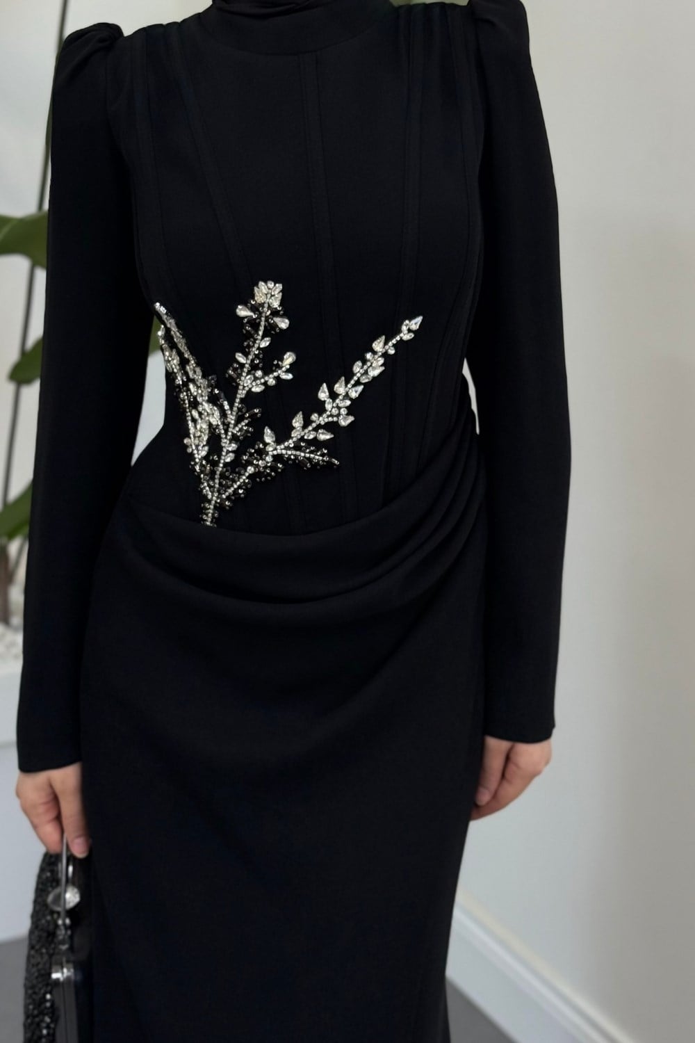 Nobella Taşlı Drapeli Abiye Siyah 