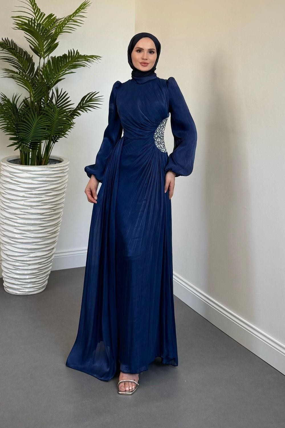 Nola Yanı Taşlı Jan Jan Abiye Lacivert