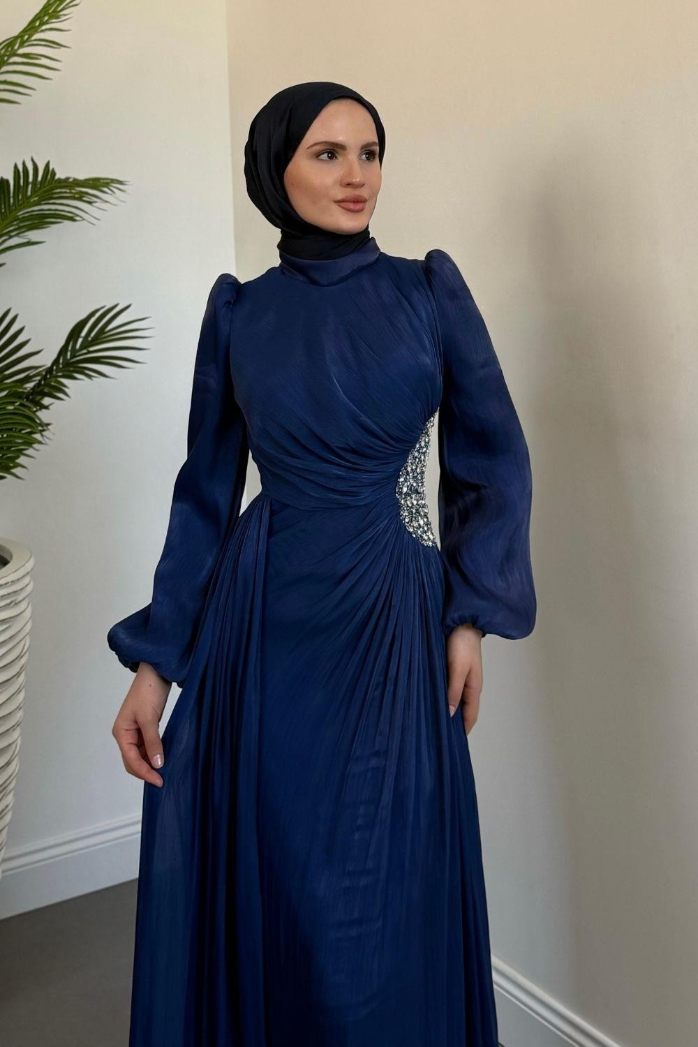 Nola Yanı Taşlı Jan Jan Abiye Lacivert