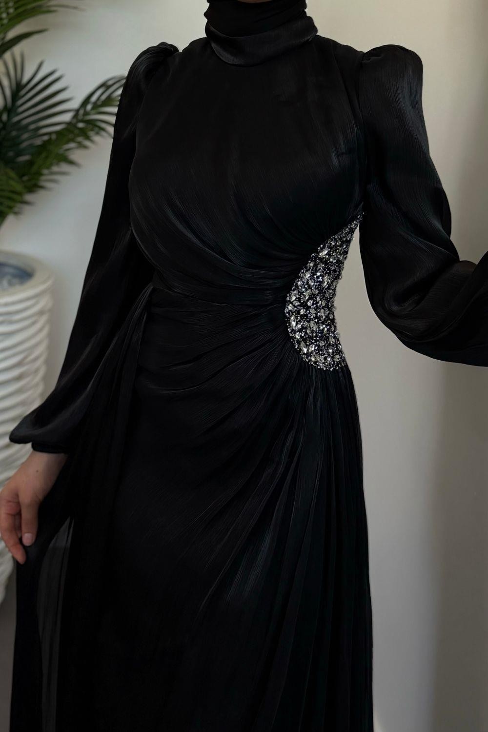 Nola Yanı Taşlı Jan Jan Abiye Siyah