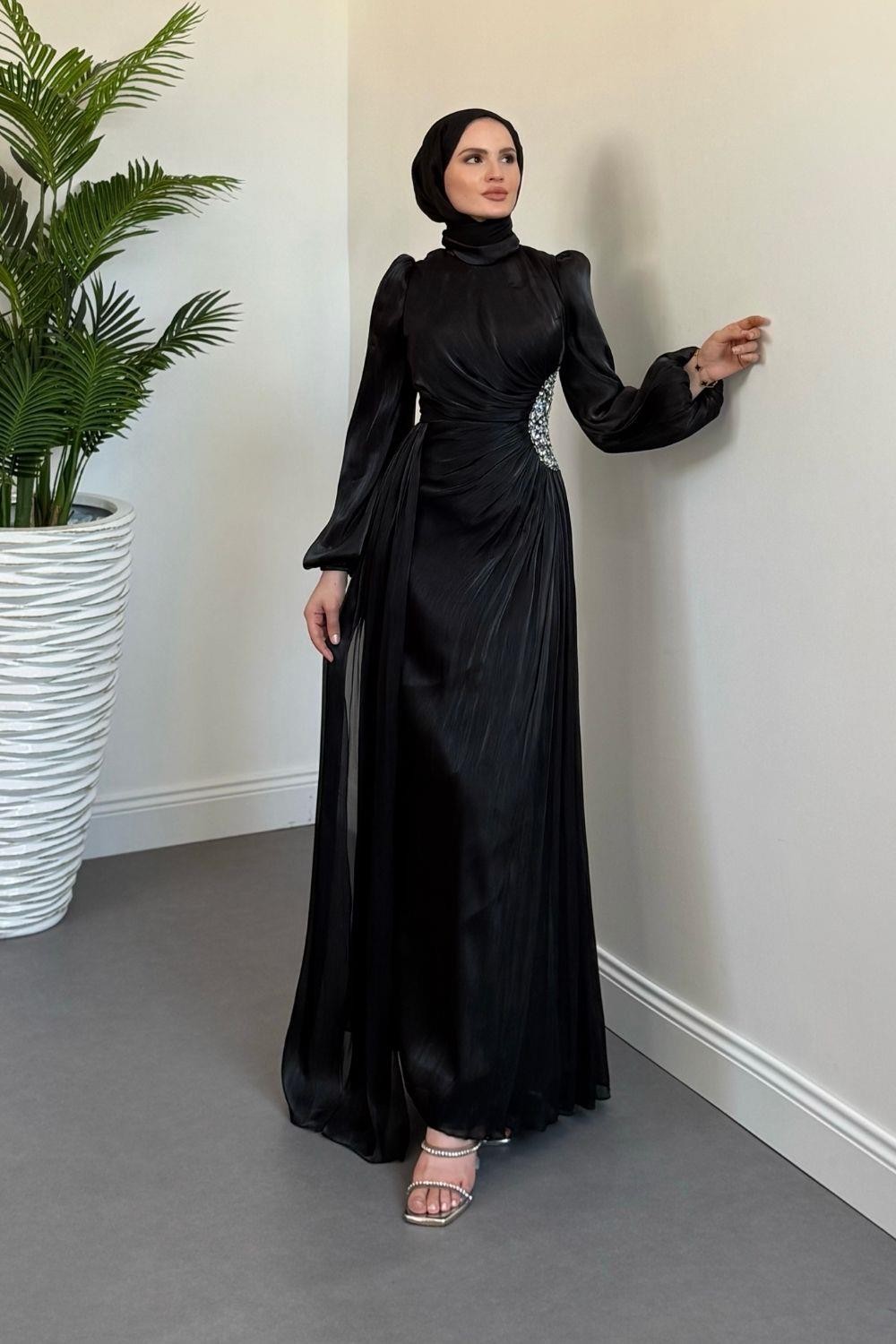 Nola Yanı Taşlı Jan Jan Abiye Siyah