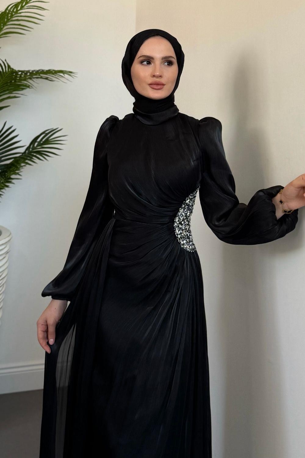 Nola Yanı Taşlı Jan Jan Abiye Siyah