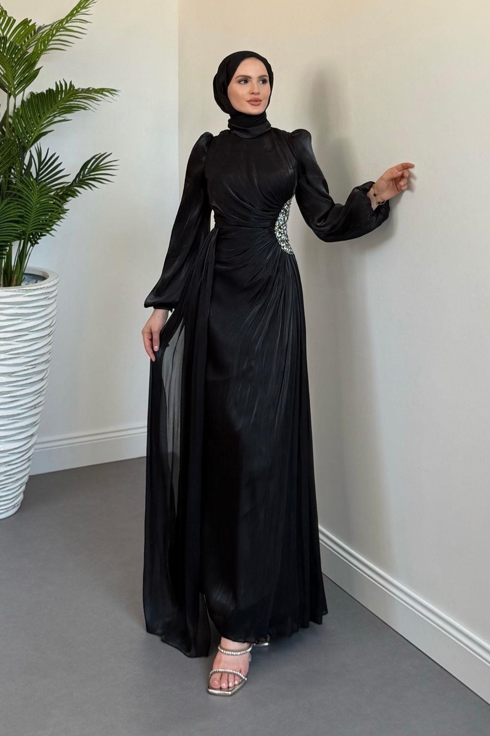 Nola Yanı Taşlı Jan Jan Abiye Siyah