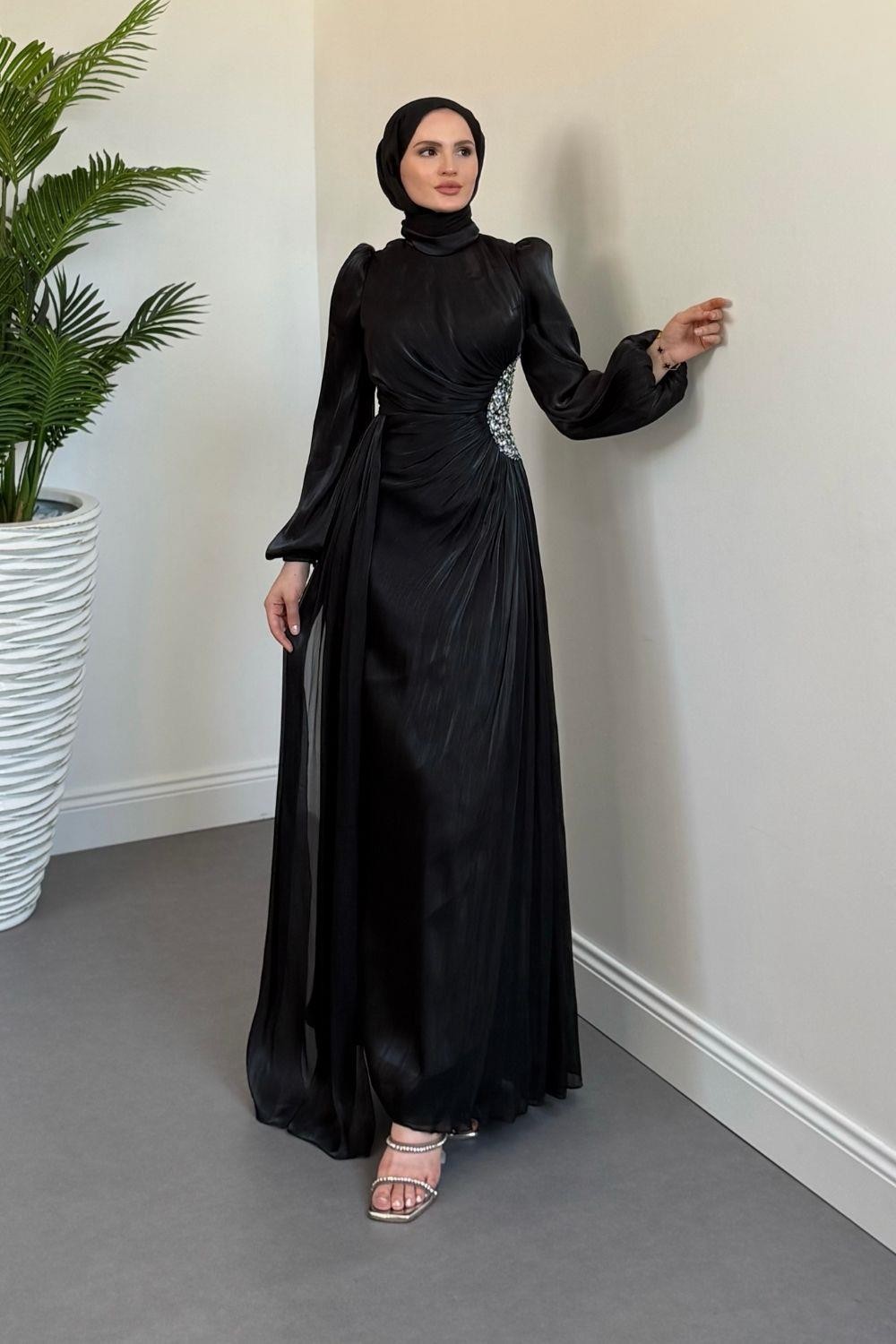 Nola Yanı Taşlı Jan Jan Abiye Siyah