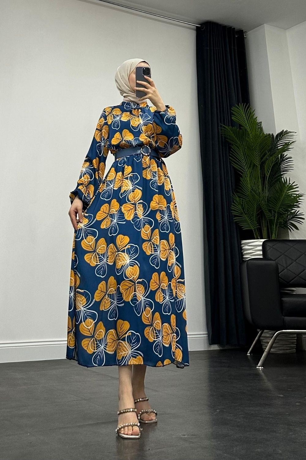 Paola Desenli Saten Elbise Lacivert
