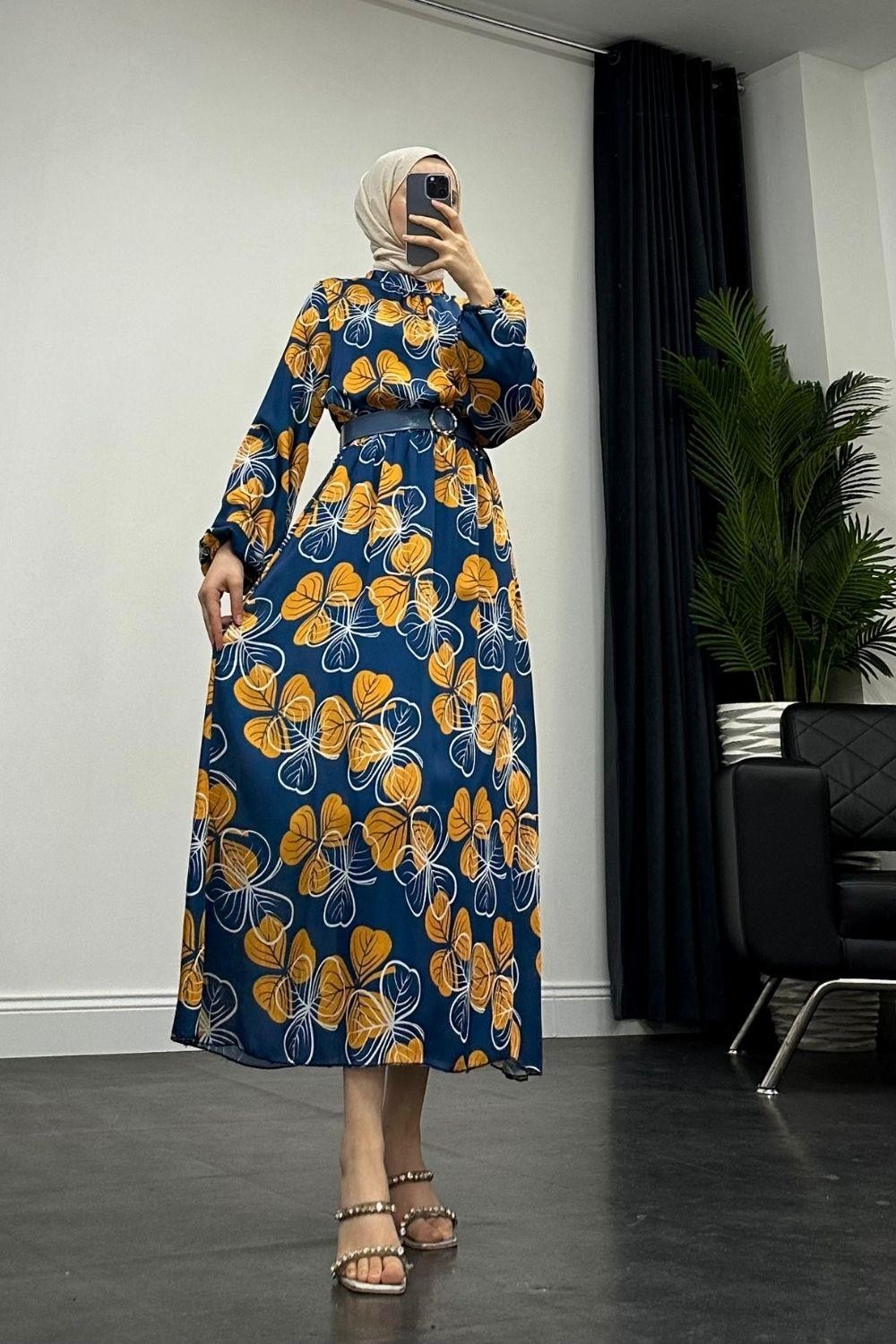 Paola Desenli Saten Elbise Lacivert