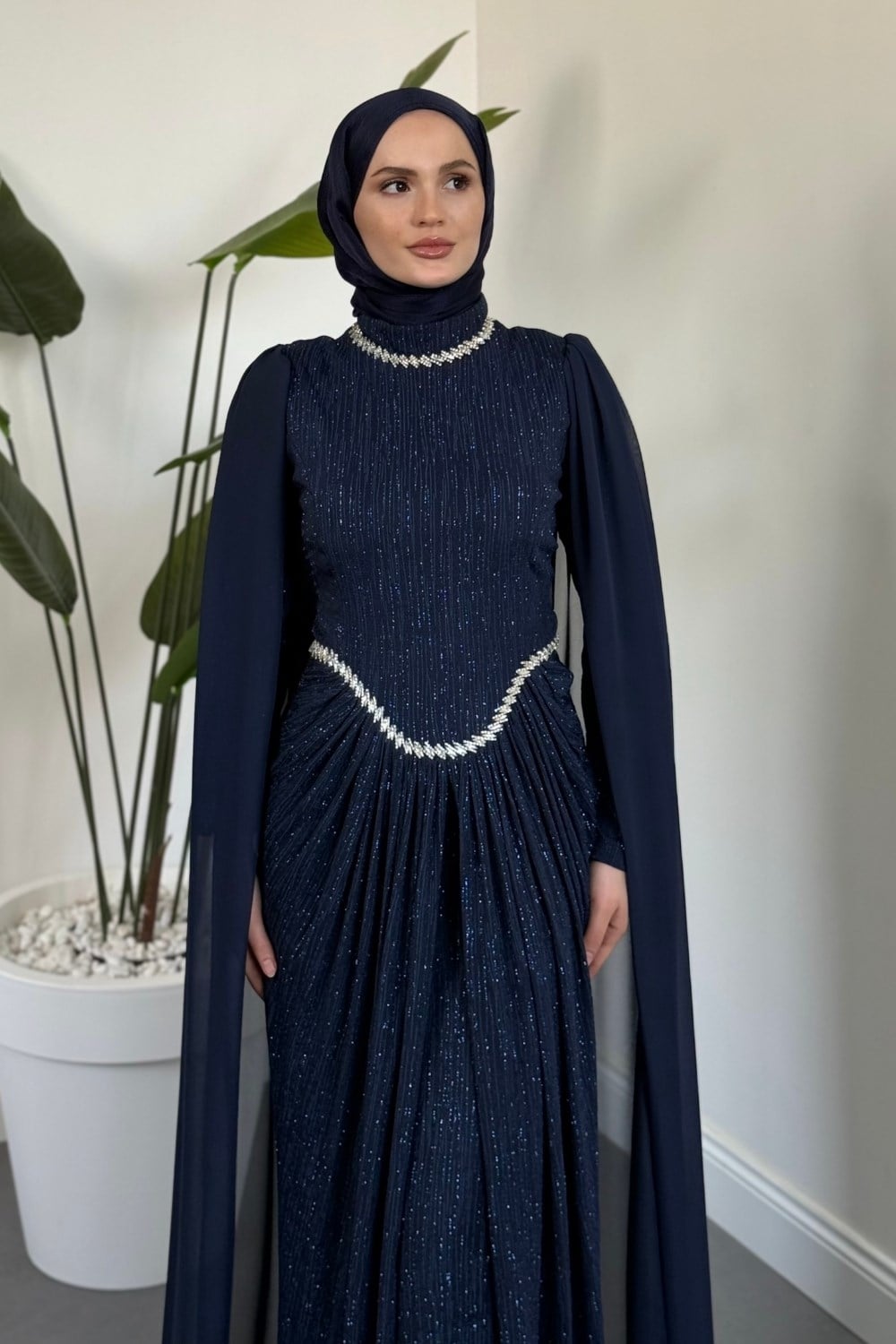 Prive Beli Taşlı Buzzy Abiye Lacivert