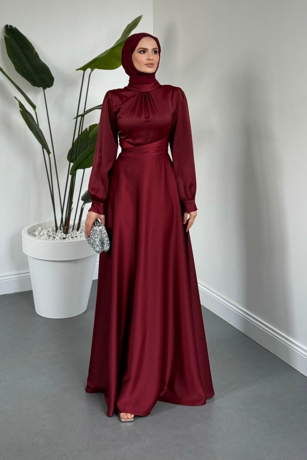Ruby Grace Çapraz Saten Abiye Bordo
