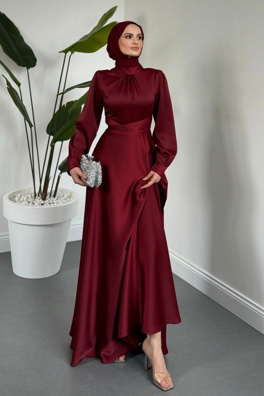 Ruby Grace Çapraz Saten Abiye Bordo