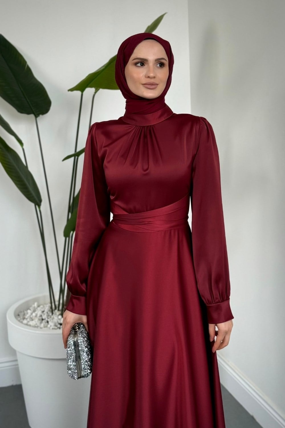 Ruby Grace Çapraz Saten Abiye Bordo