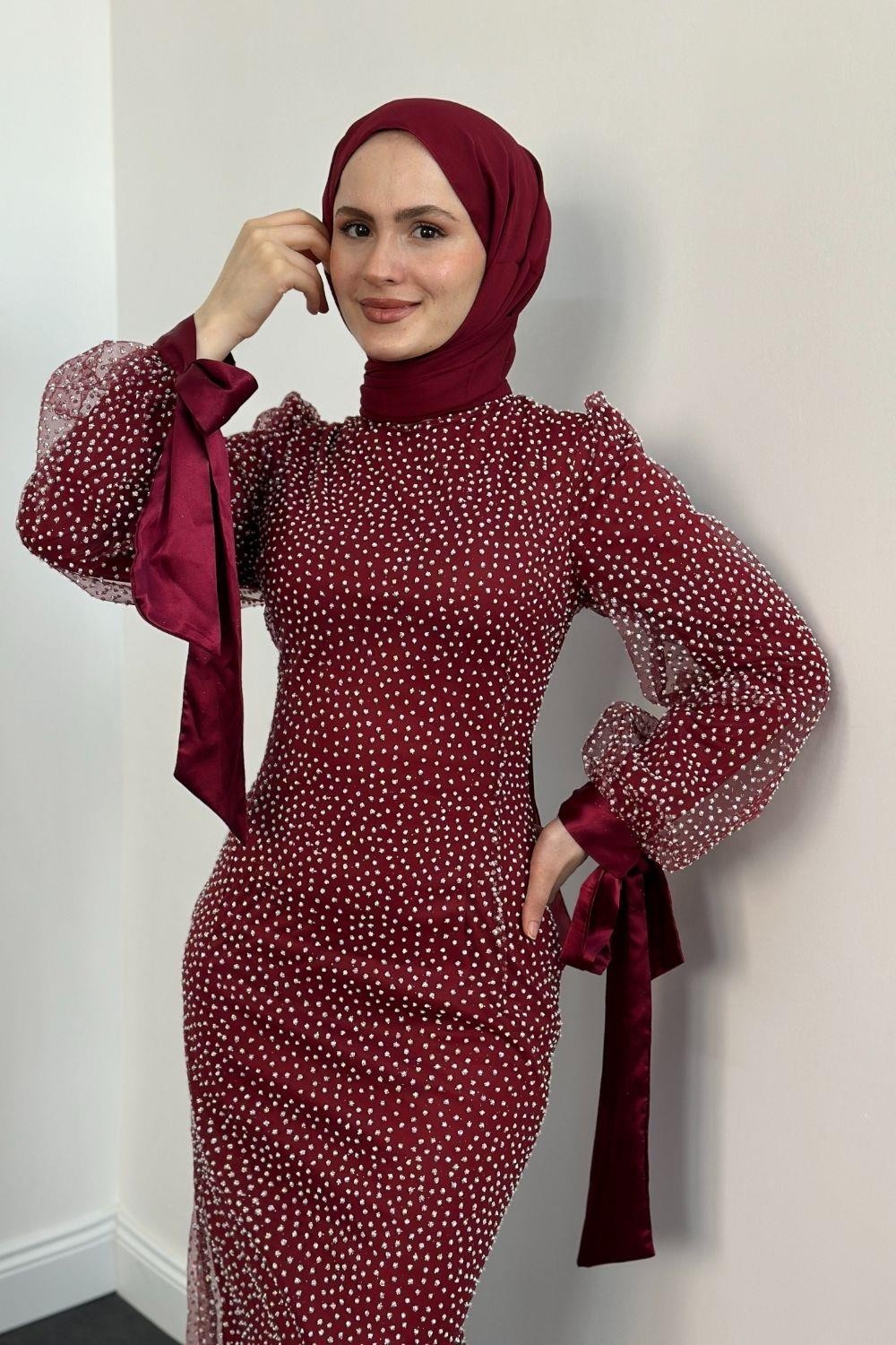 Sakura Simli Balık Abiye Bordo