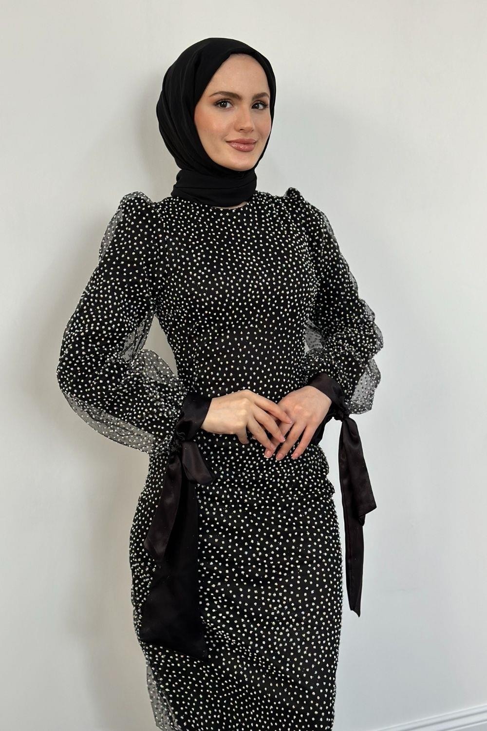Sakura Simli Balık Abiye Siyah