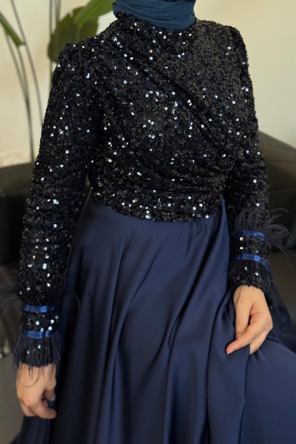 Samar Üst Pullu Drapeli Abiye Lacivert