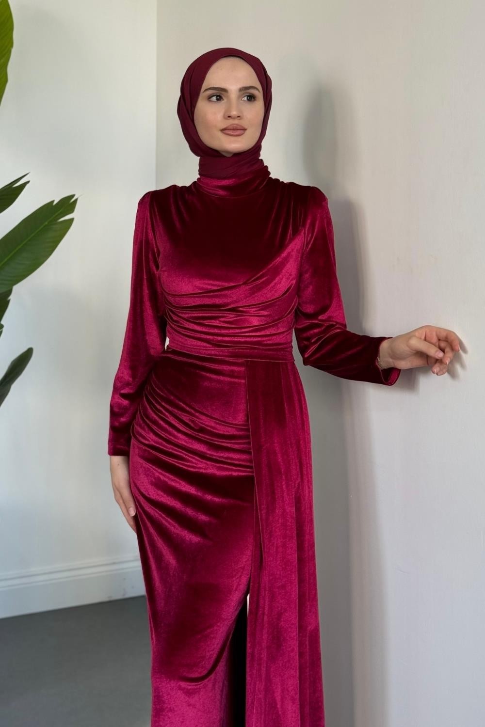 Samy Kadife Kumaş Balık Elbise Fuşya