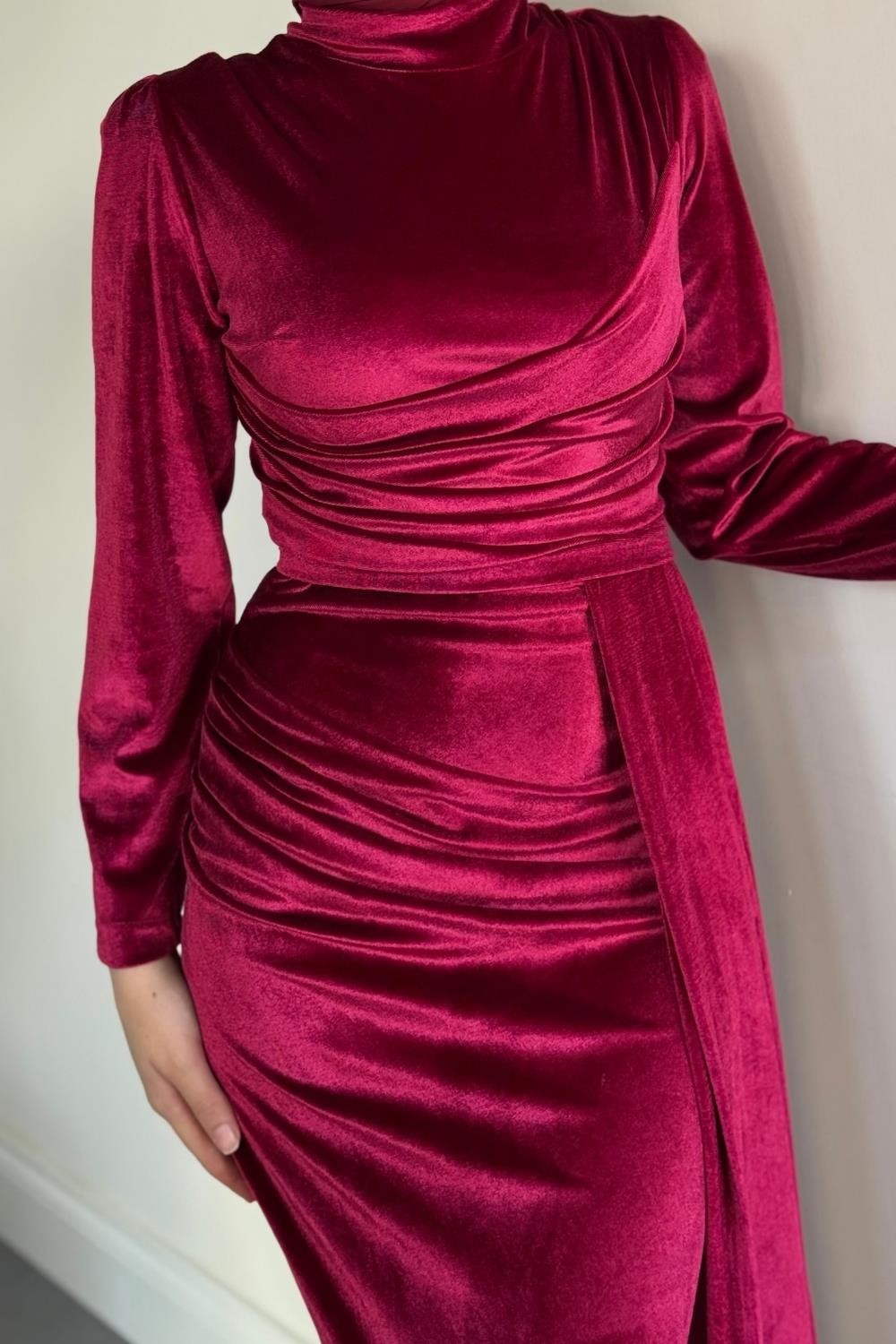 Samy Kadife Kumaş Balık Elbise Fuşya