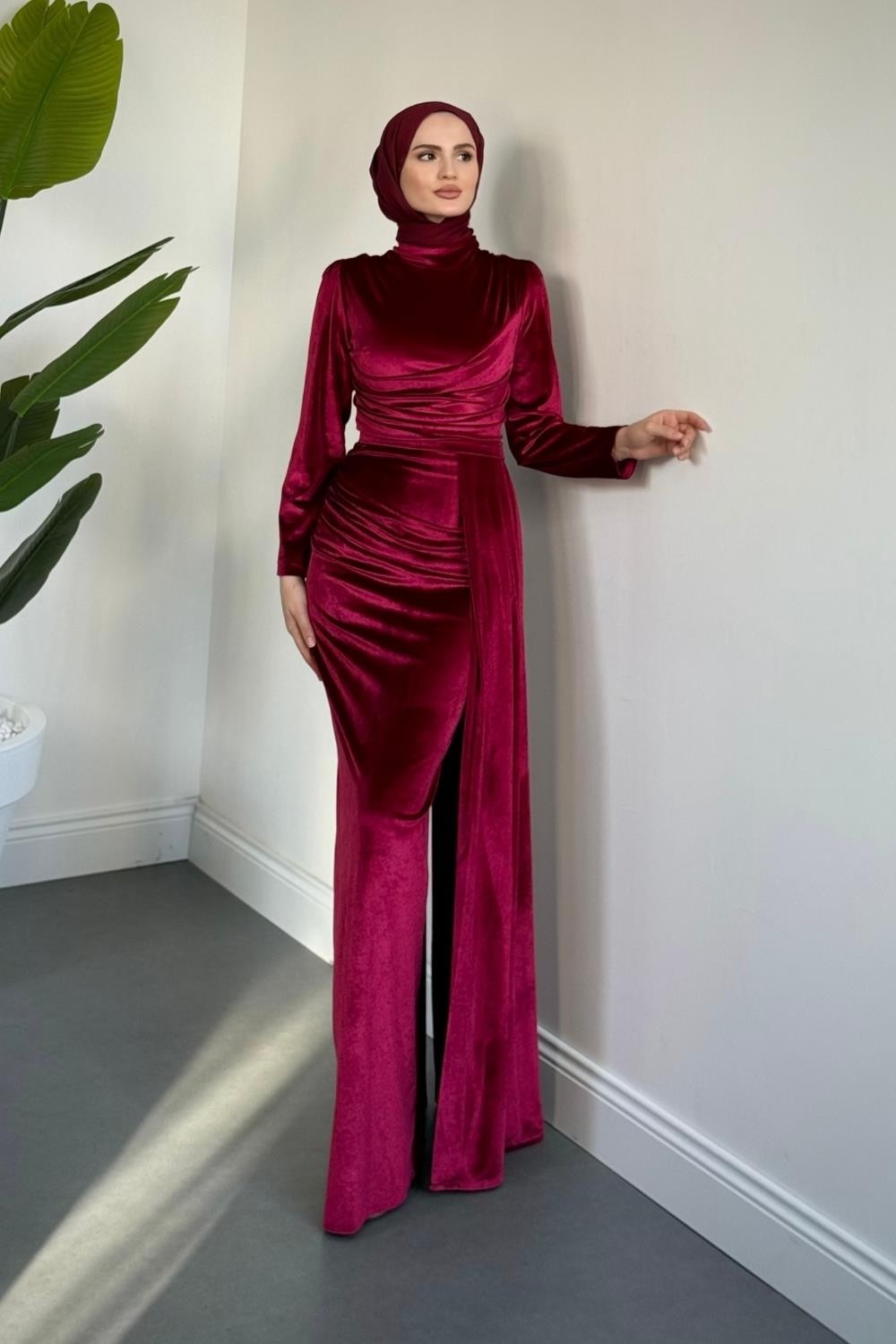 Samy Kadife Kumaş Balık Elbise Fuşya