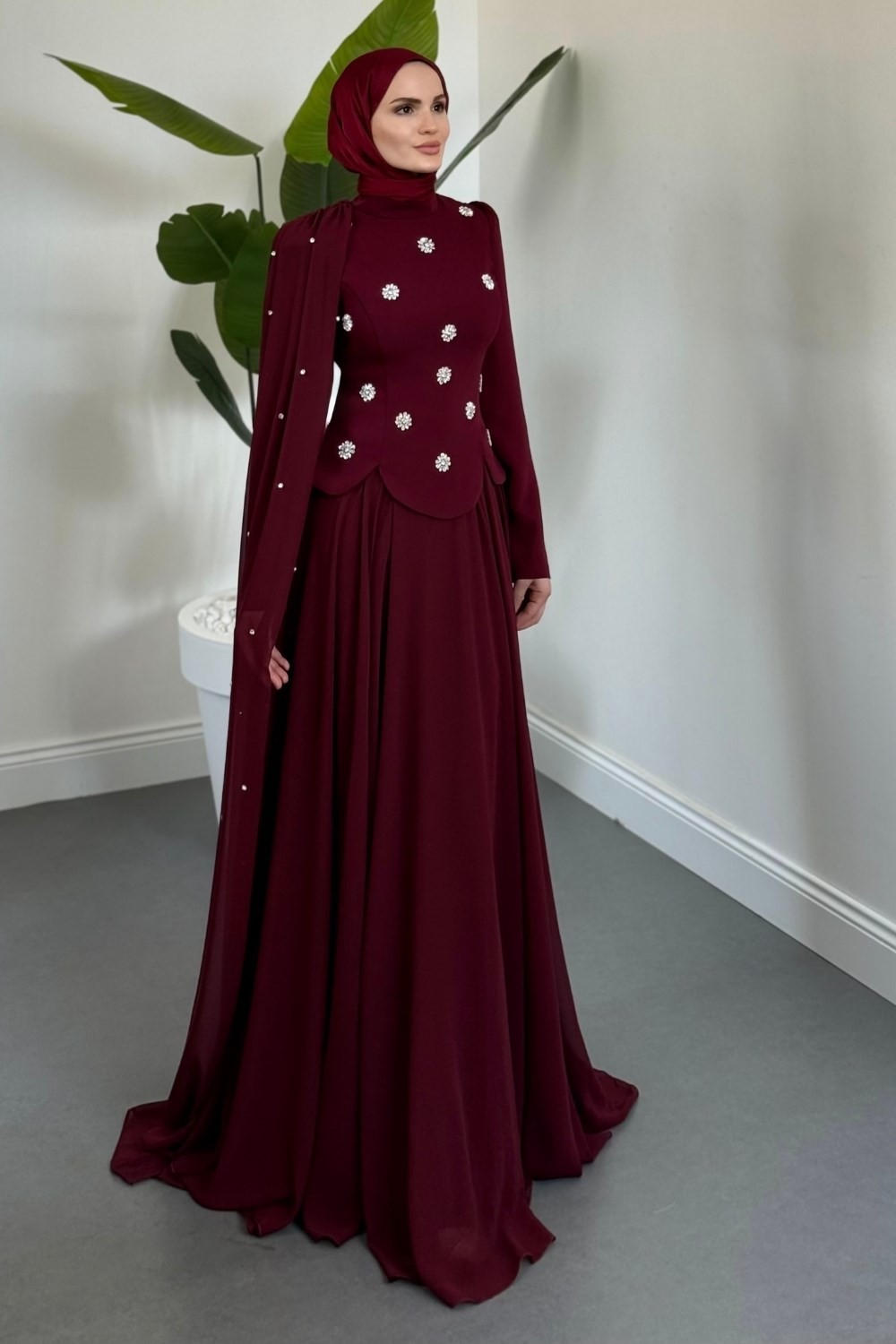 Sarnel Taş Detaylı Abiye Bordo