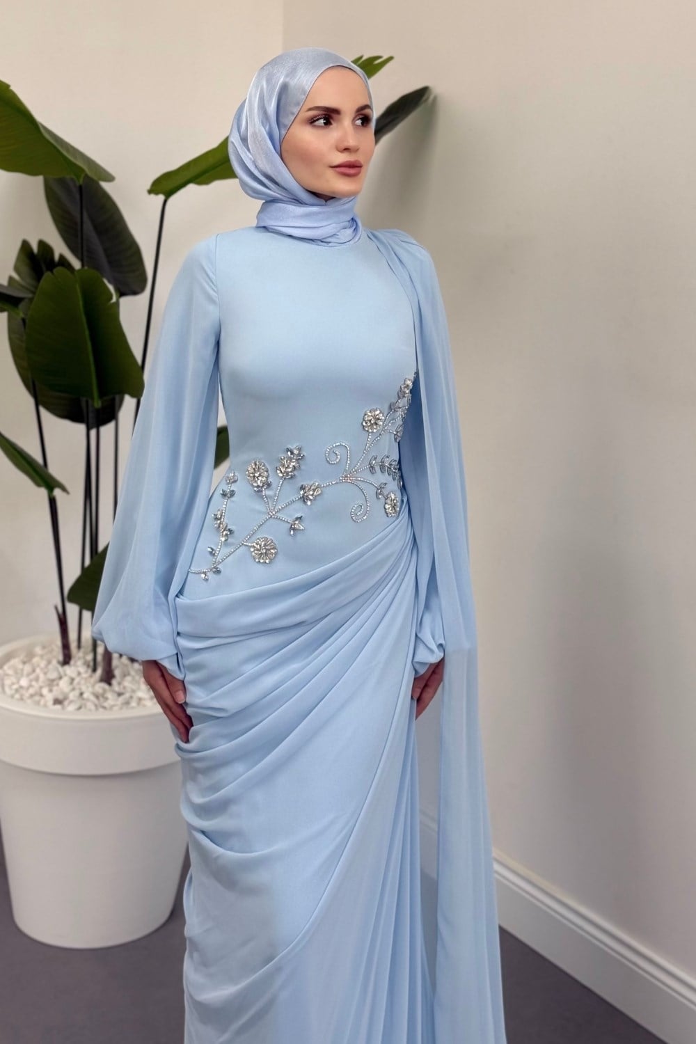 Savella Arkası Büzgülü Taşlı Abiye Bebe Mavisi