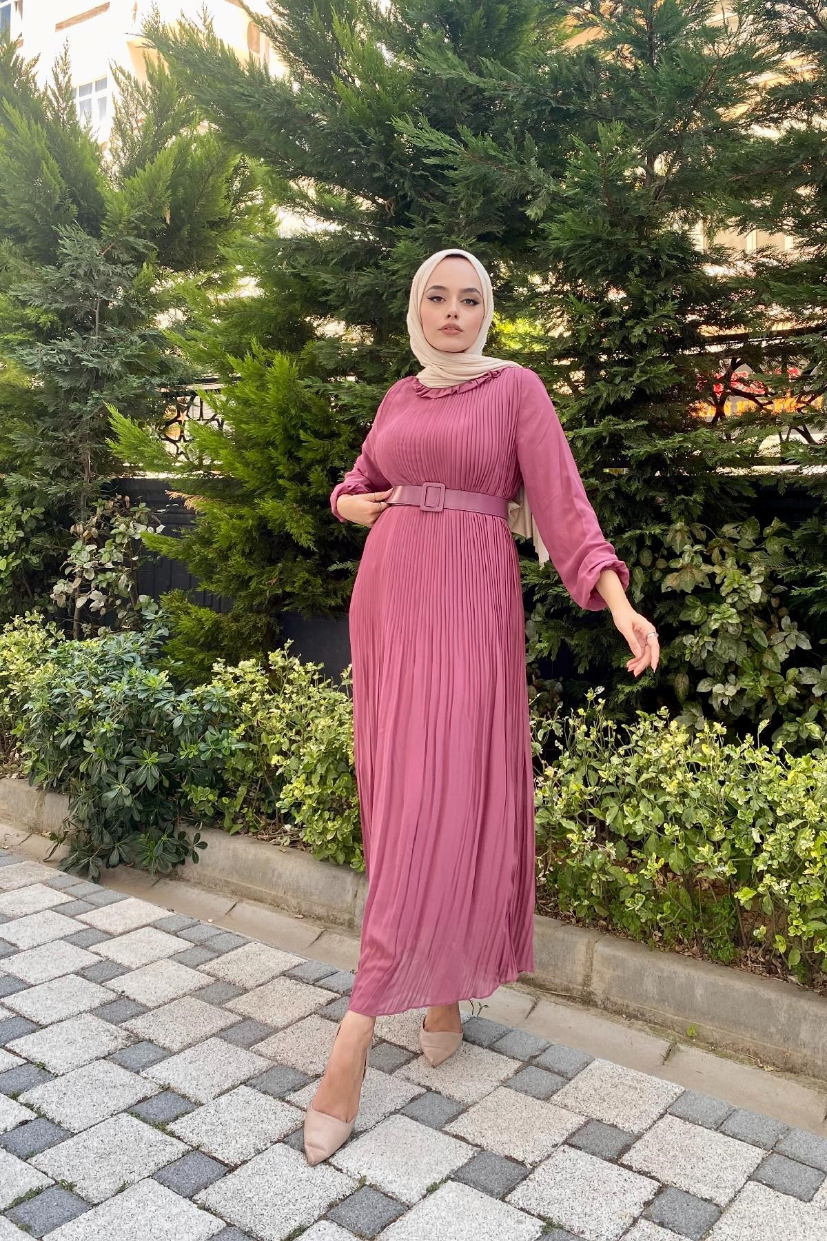 Sık Piliseli Şifon Elbise Gül