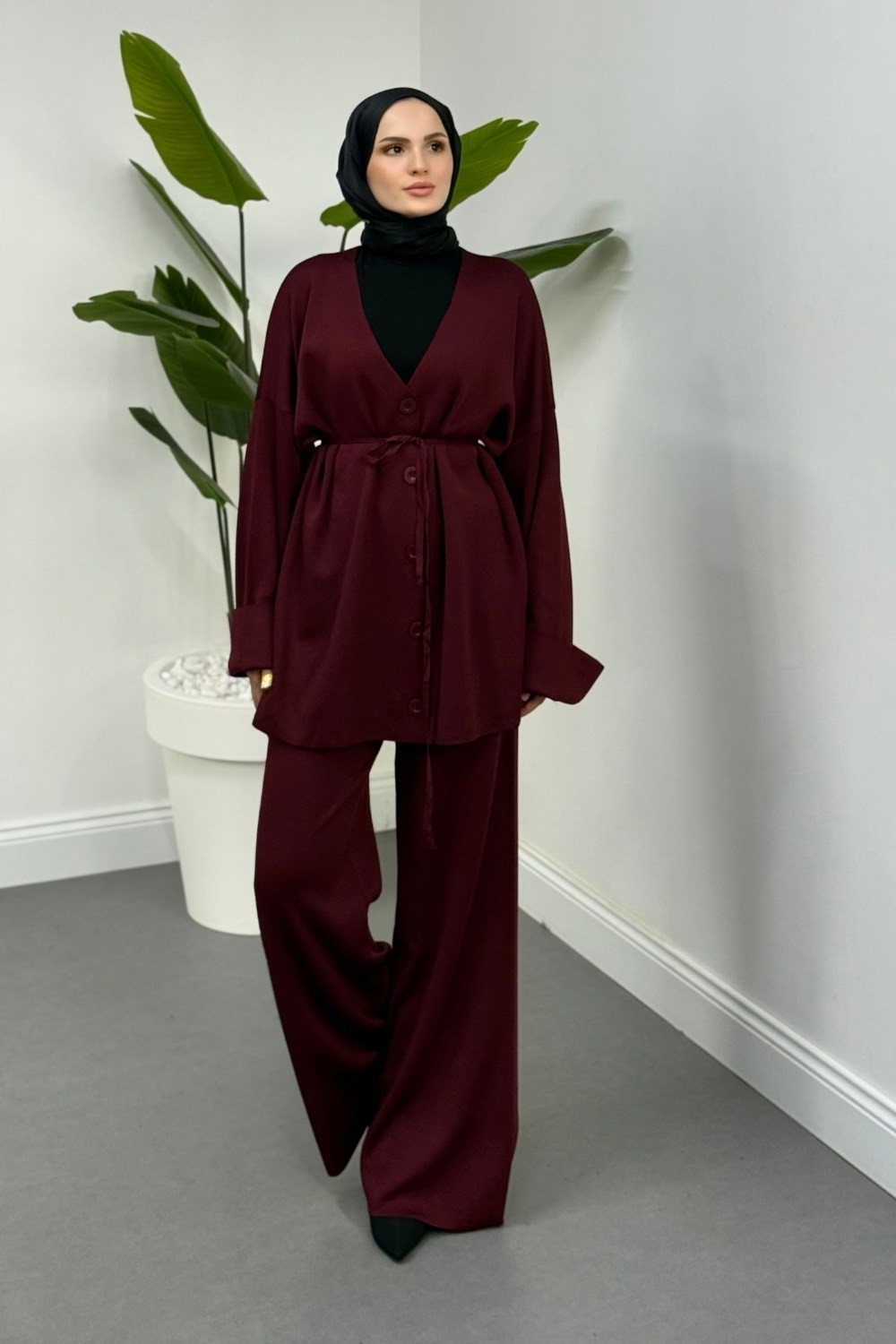 Tahlia Büyük Düğmeli Merserize Pantolon Takım Bordo