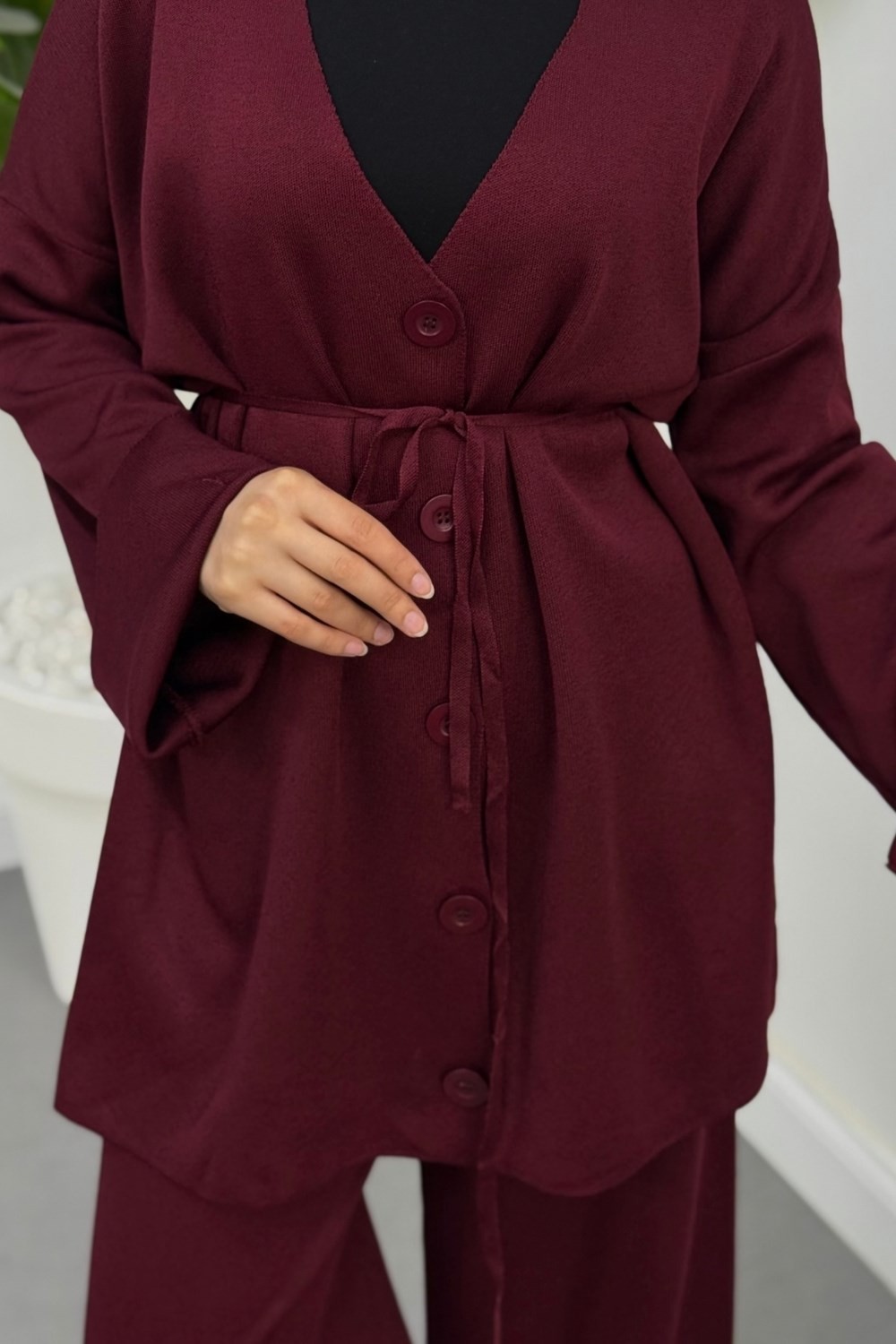 Tahlia Büyük Düğmeli Merserize Pantolon Takım Bordo