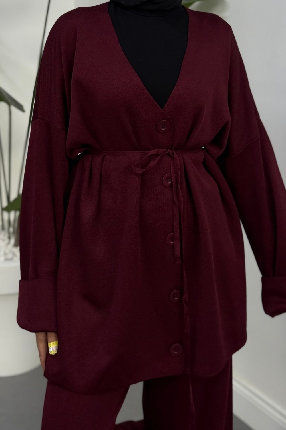 Tahlia Büyük Düğmeli Merserize Pantolon Takım Bordo