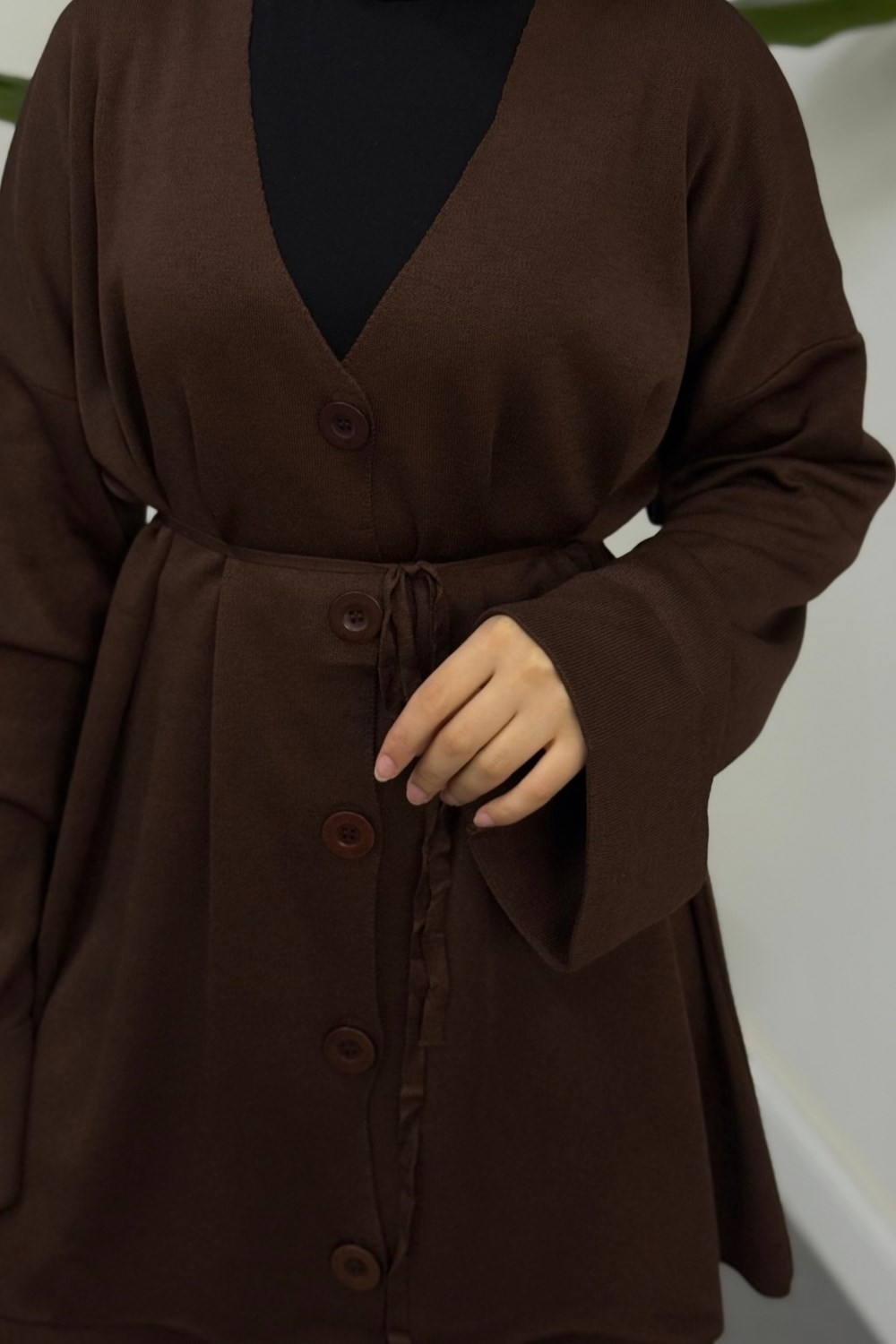 Tahlia Büyük Düğmeli Merserize Pantolon Takım Kahverengi