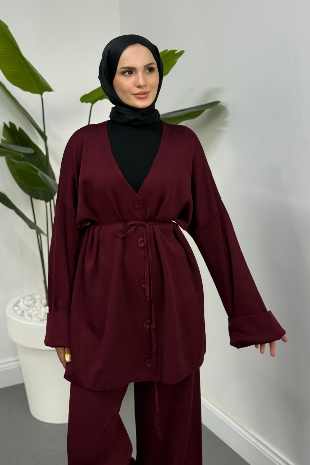 Tahlia Büyük Düğmeli Merserize Pantolon Takım Bordo