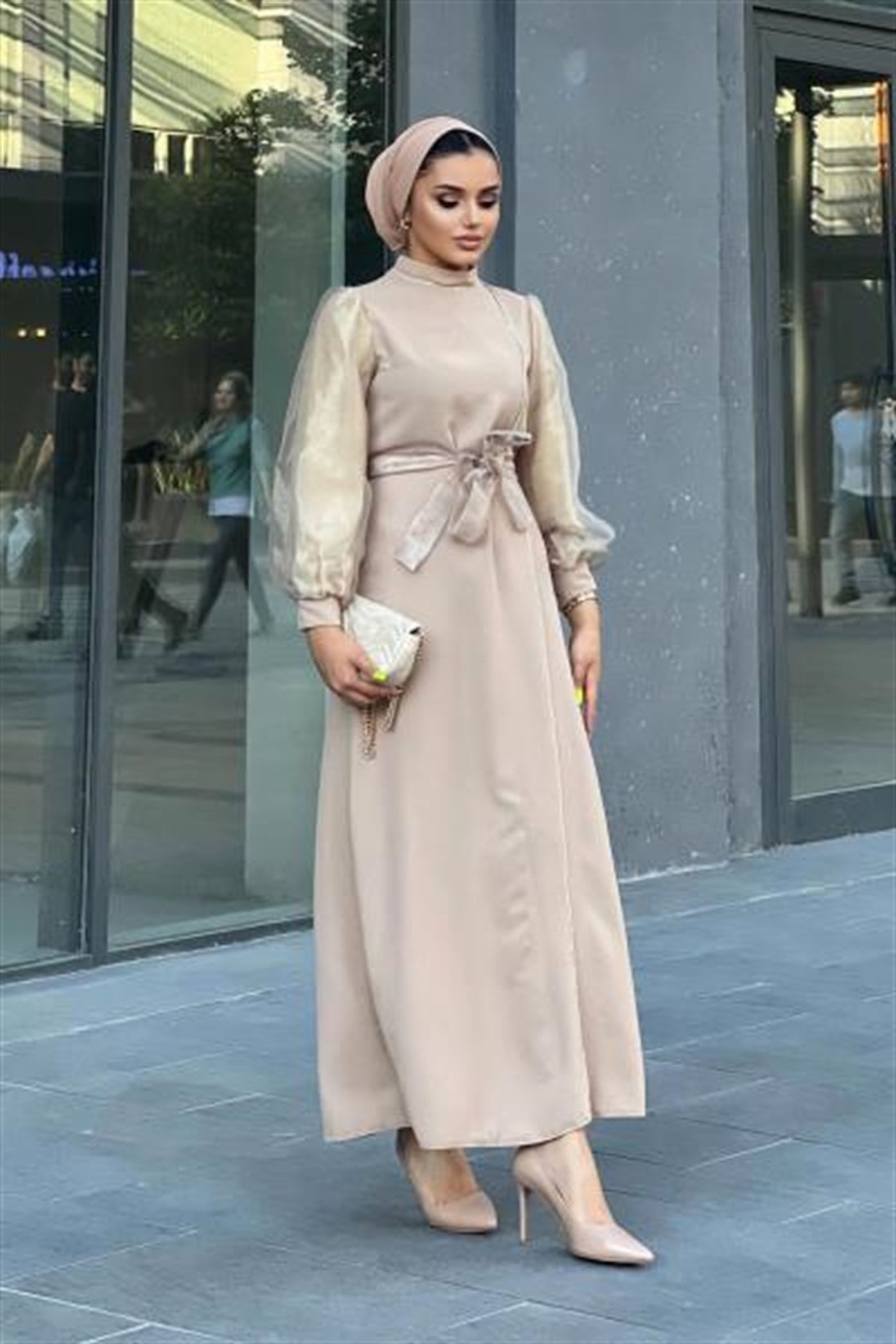 Taş İşlemeli Balon Kol Abiye Gold