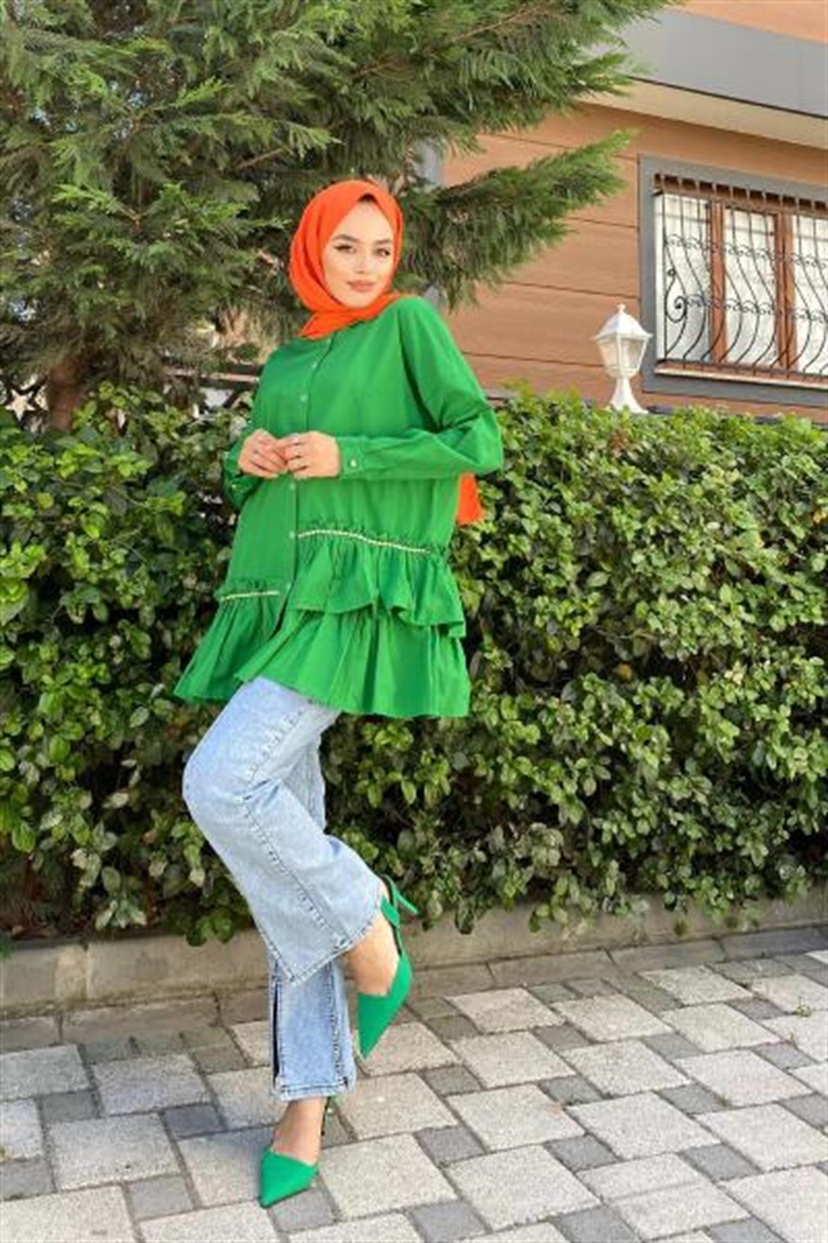 Taşlı Fırfırlı Poplin Tunik Yeşil
