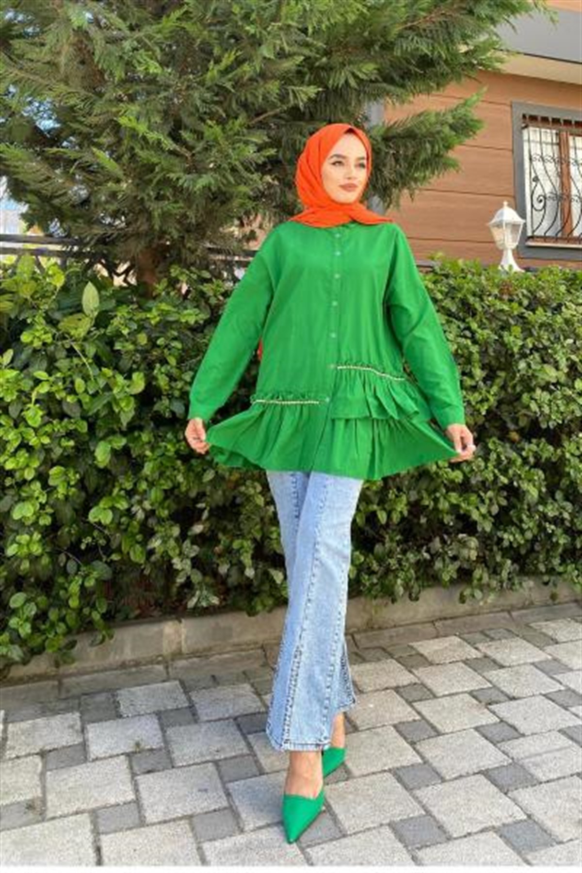 Taşlı Fırfırlı Poplin Tunik Yeşil