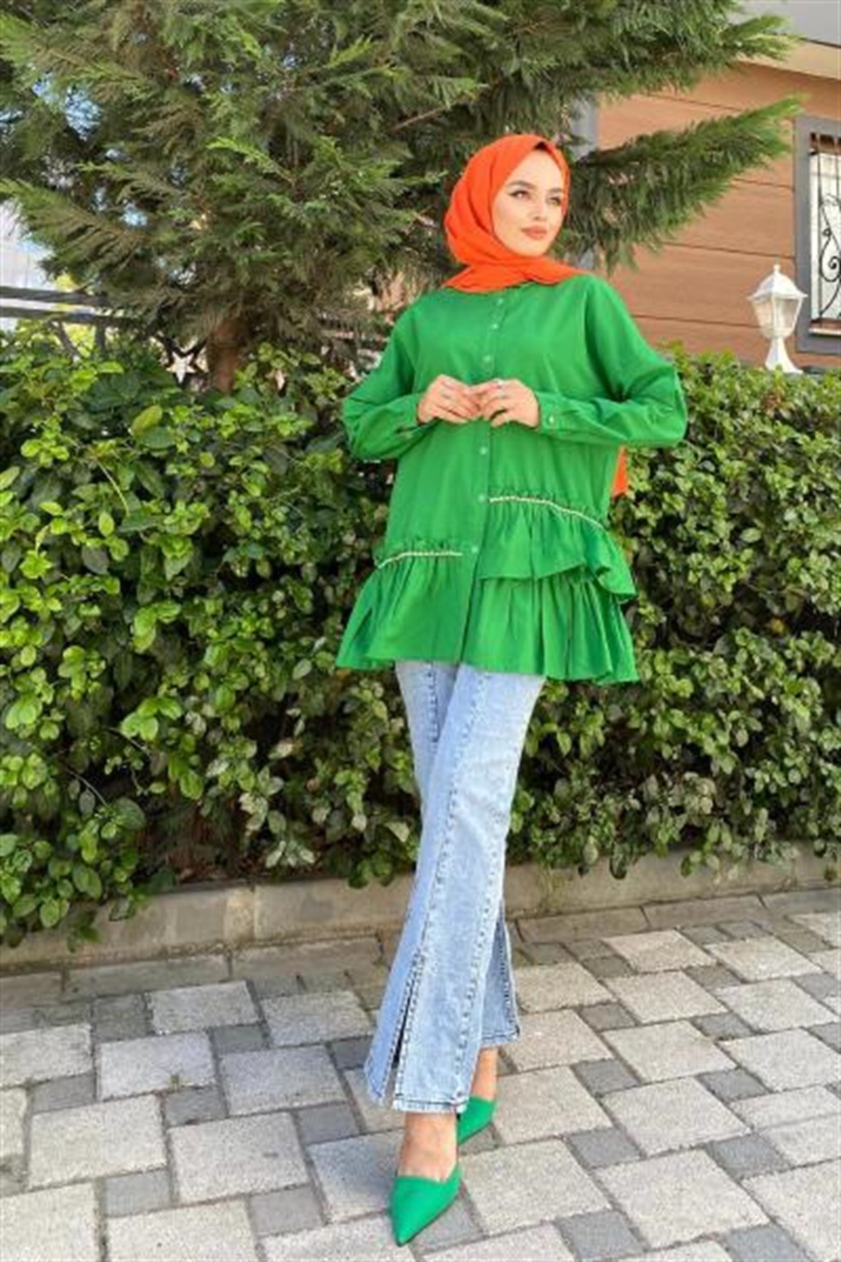 Taşlı Fırfırlı Poplin Tunik Yeşil