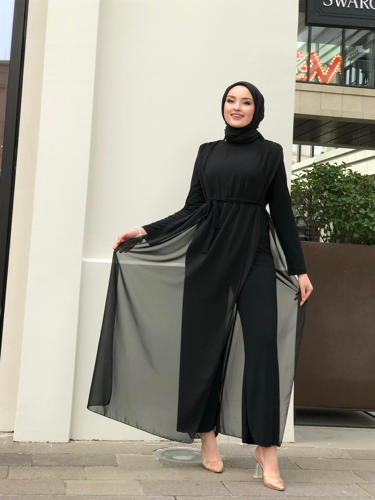 Tül Detaylı Beli Kuşaklı Tulum Siyah