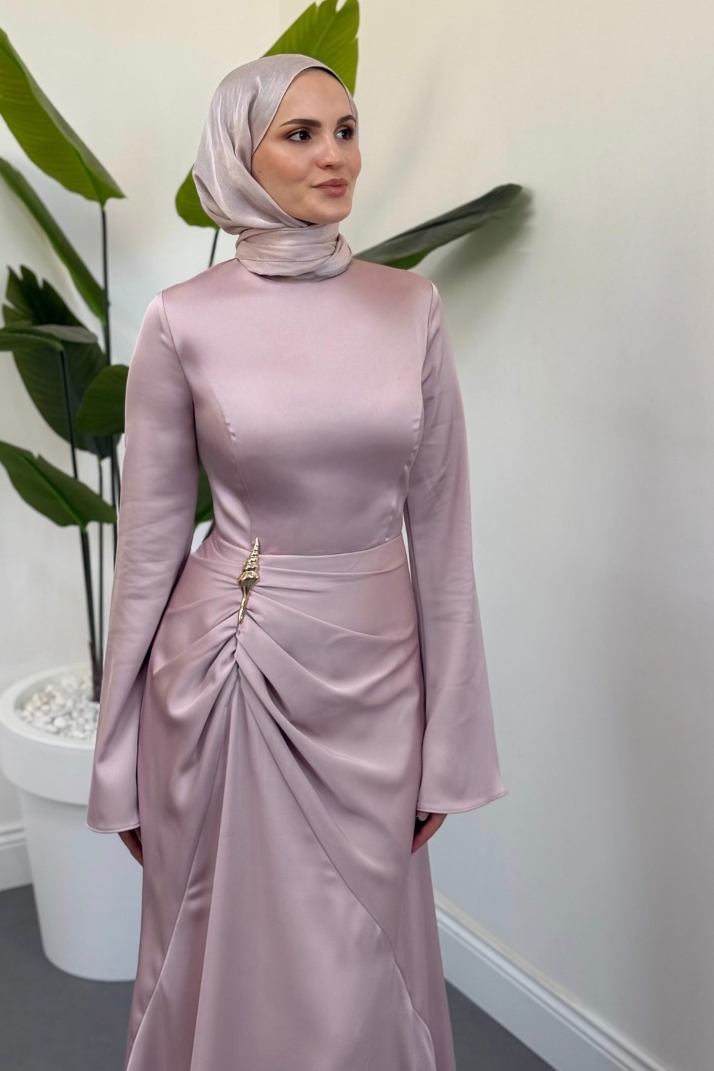 Vandora Tokalı Saten Abiye Pudra