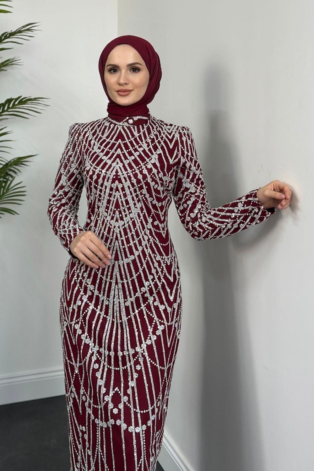 Zayne Simli Pullu Abiye Bordo