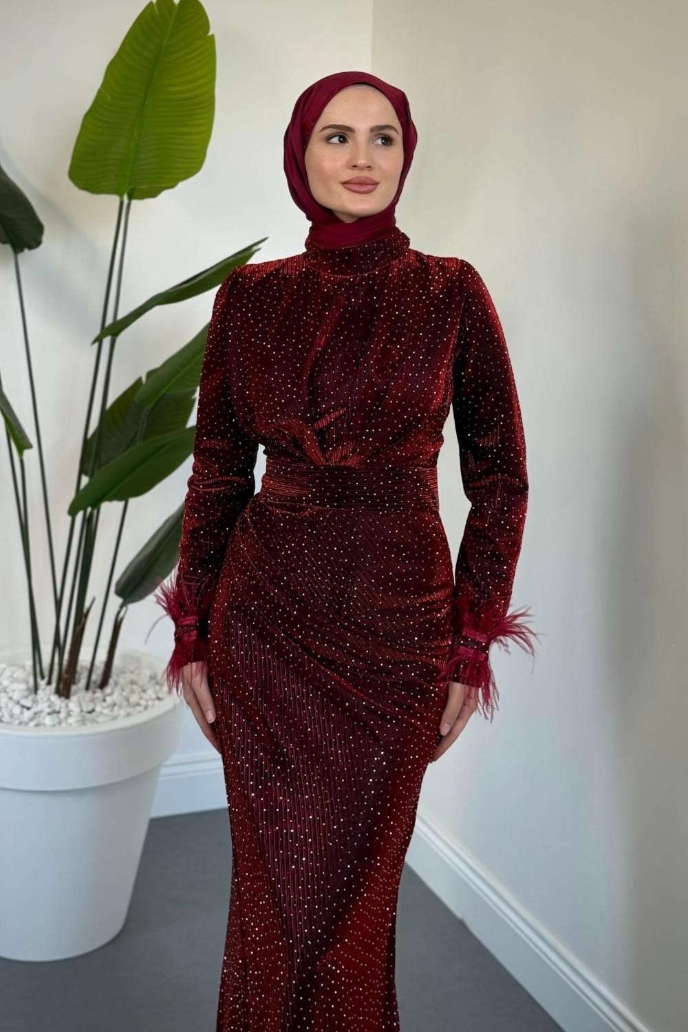 Zuelia Taşlı Kuyruklu Balık Abiye Bordo