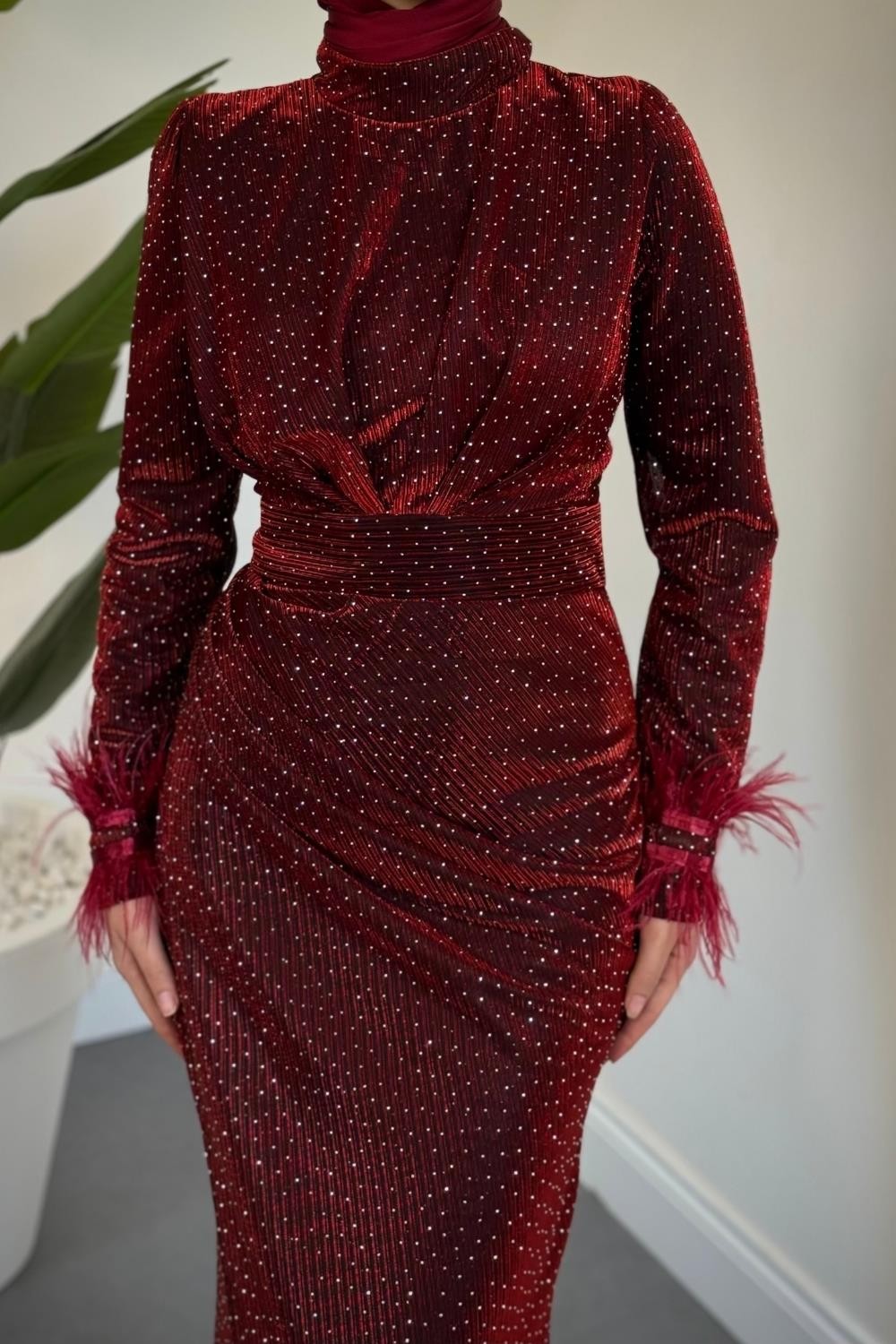 Zuelia Taşlı Kuyruklu Balık Abiye Bordo