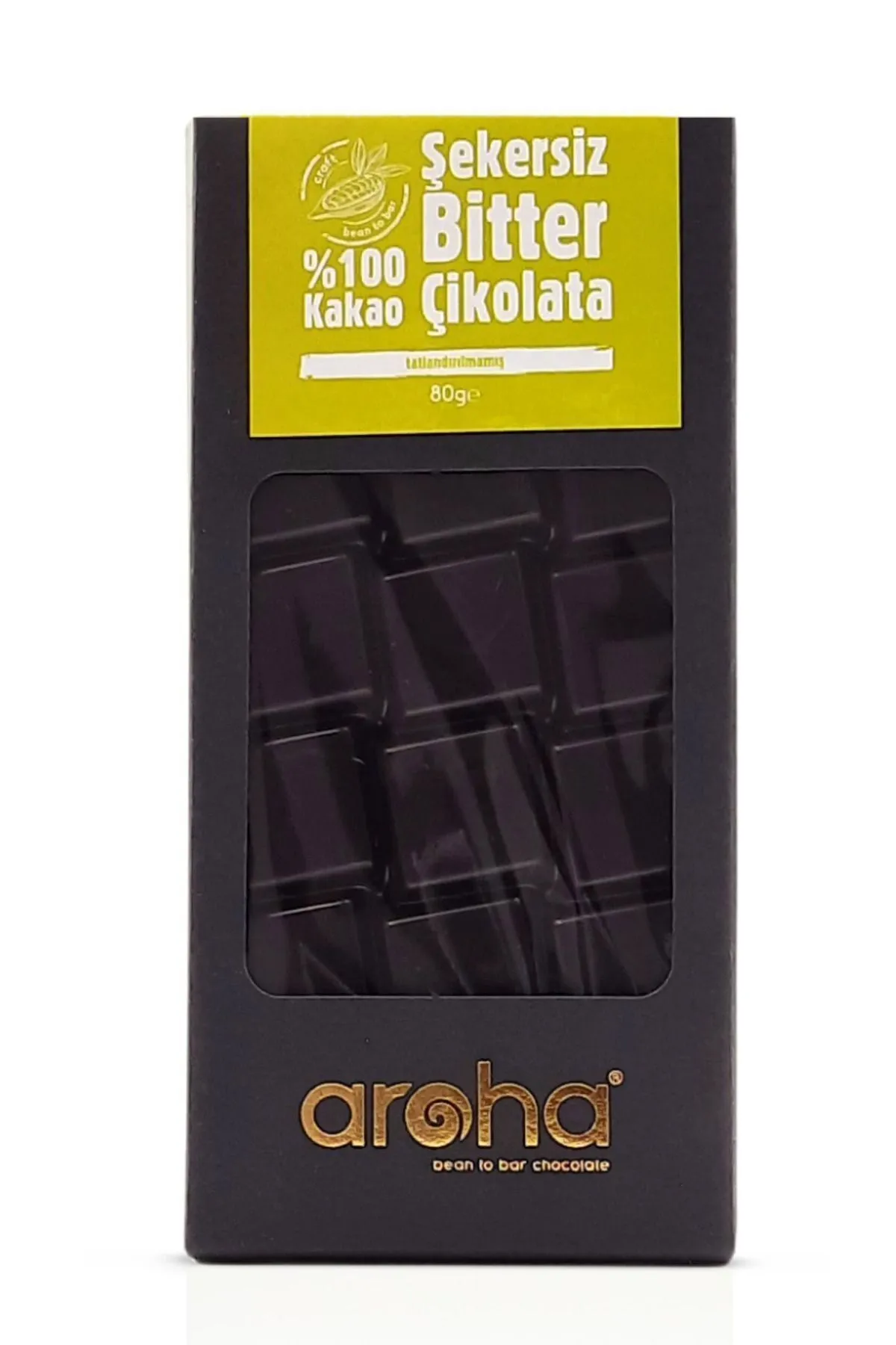 Aroha Şekersiz, Glutensiz, Vegan Çikolata - %100 Bitter %80 KakaoAroha